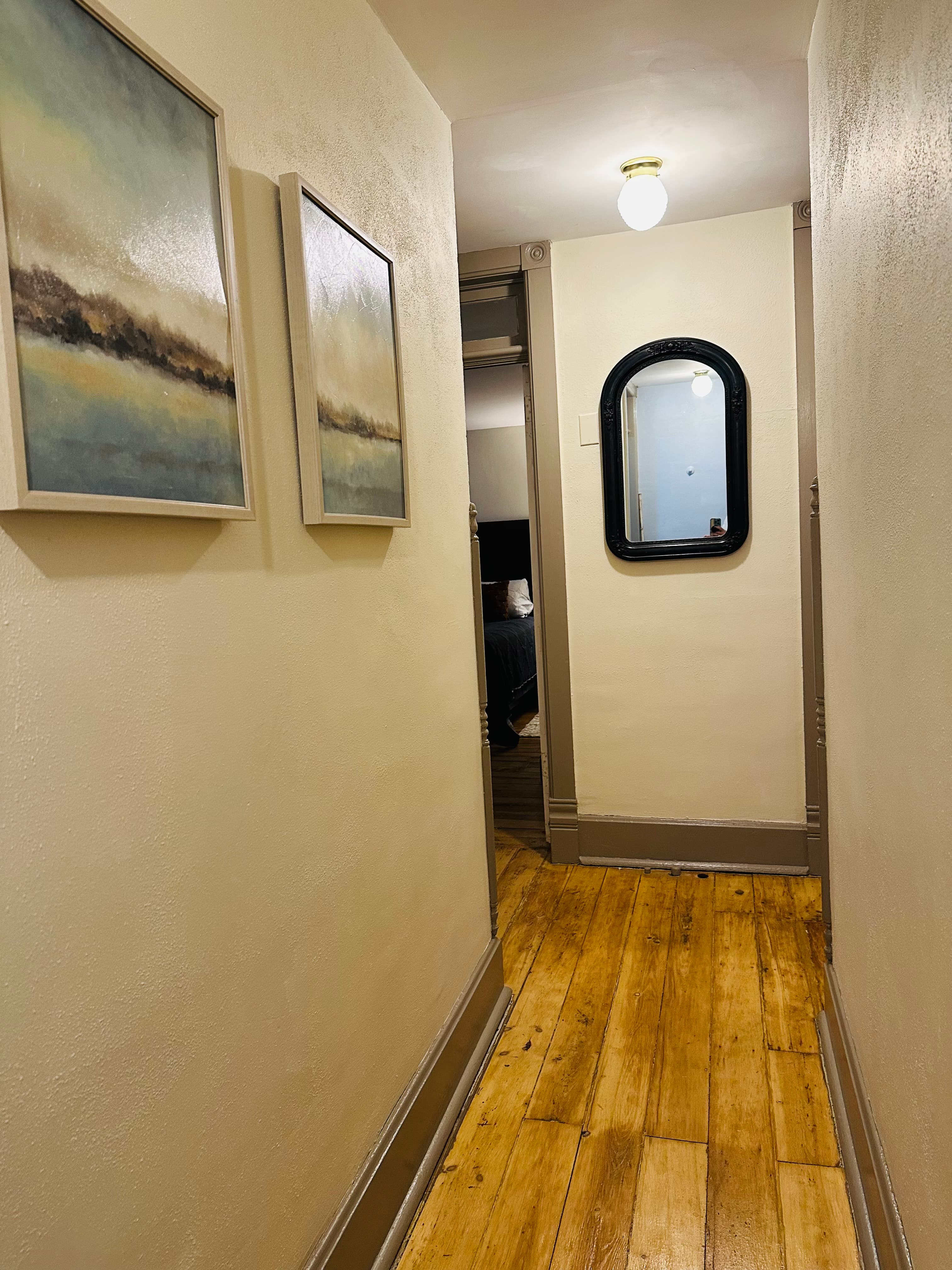 A narrow hallway with framed paintings on the left, a mirror, and a glimpse of a dark room at the end.